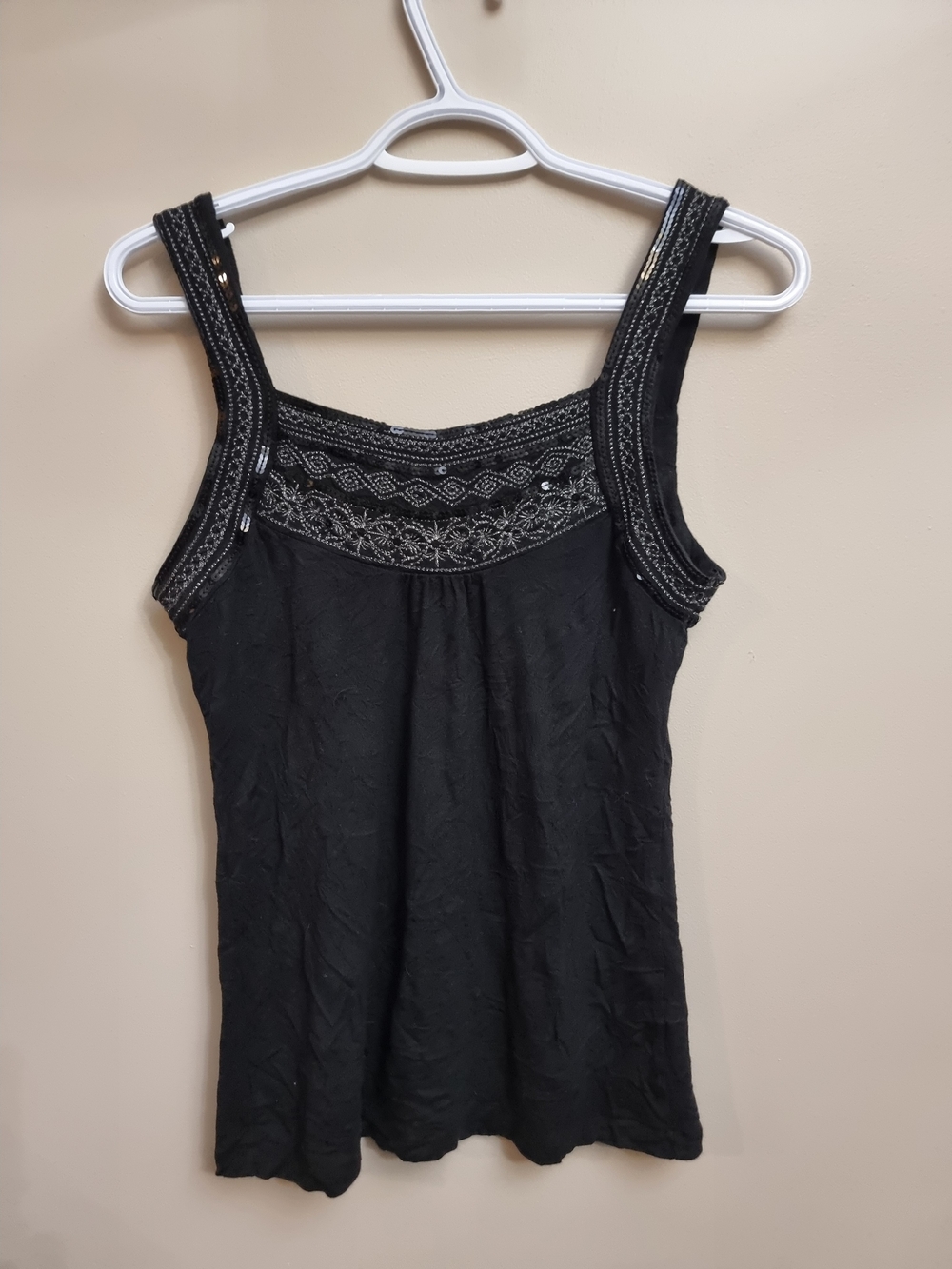 Black Embroidered Square-Neck Tank Top with Decorative Straps